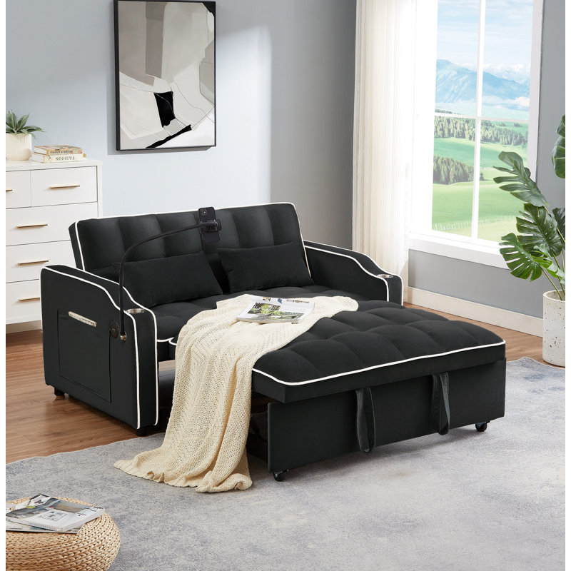 Velvet Pull Out Sleeper Sofa Bed with USB Ports Phone Stand Convertible Futon Couch 3 in 1 Loveseat with Adjustable Backrest Black